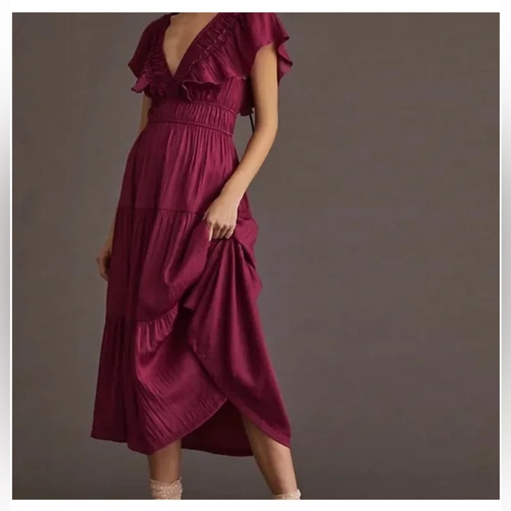 Anthropologie Deep Berry Ruffled V-Neck Midi Dress